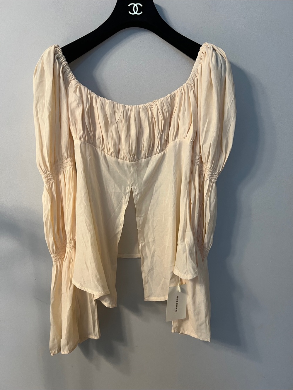 Cream Peasant Blouse with Puff Sleeves